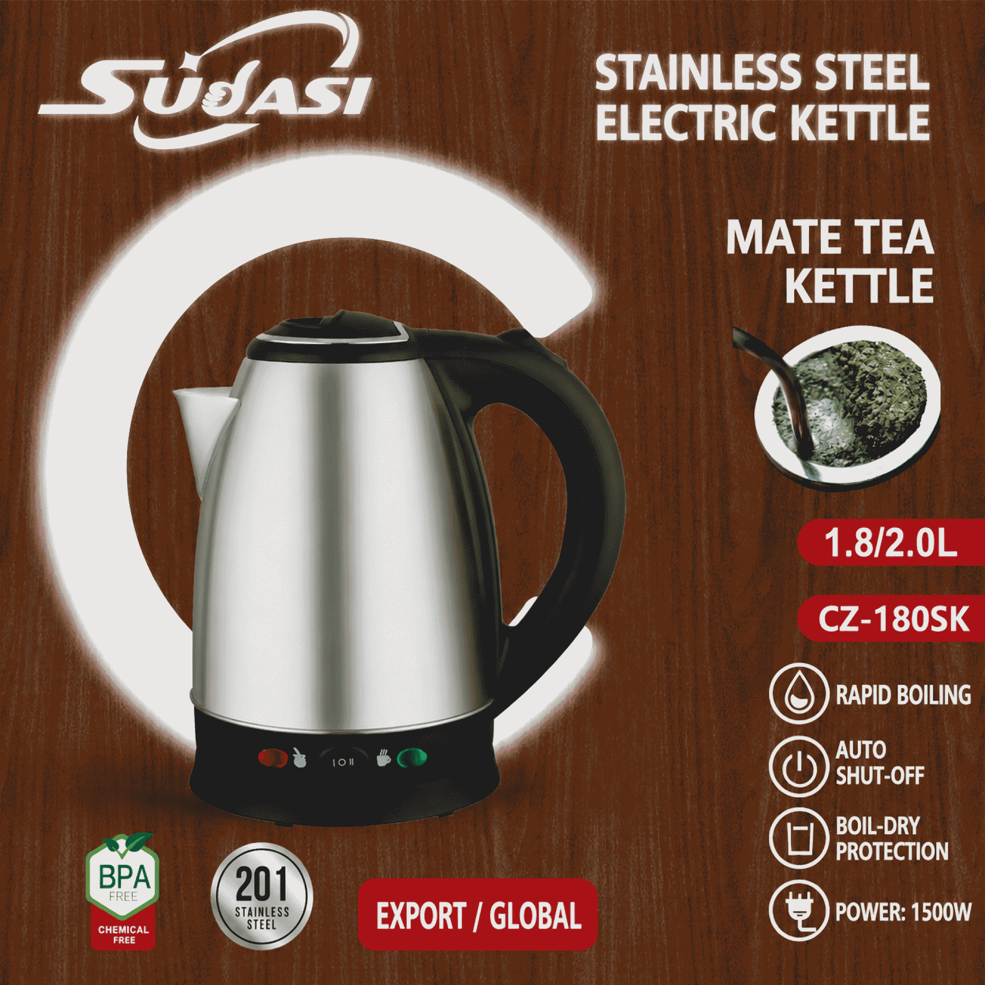 Double-switch, two-temperature setting, stainless steel, SKD, Lianjiang-made, fast boiling electric kettle for Argentine mate tea