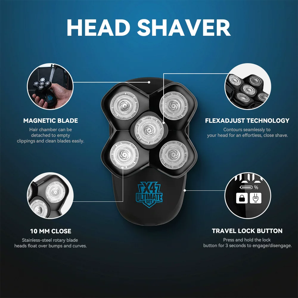 Cross-border five-in-one multi-functional full-body water-washing rechargeable five-blade electric shaving magnetic head shaver