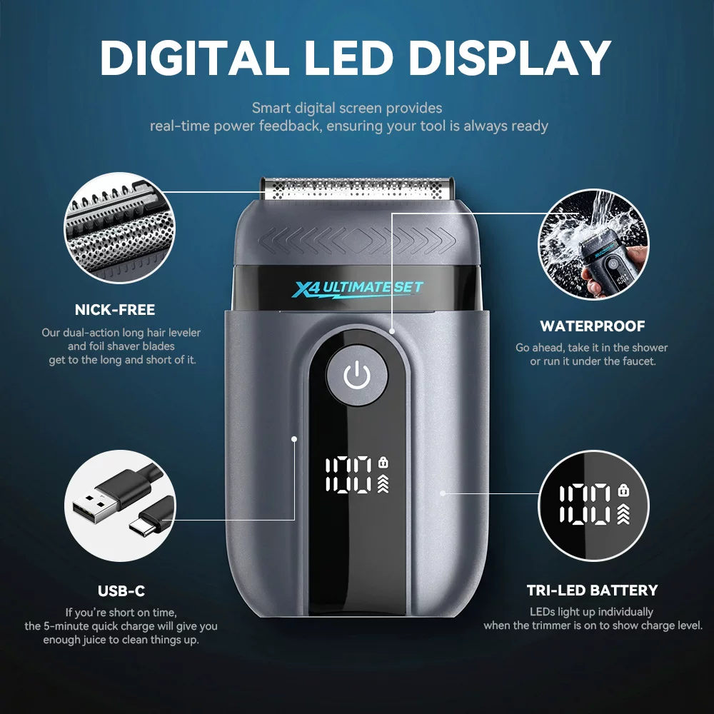 Cross-border men's portable travel LED digital display IPX7 waterproof electric razor, trimming reciprocating shaver
