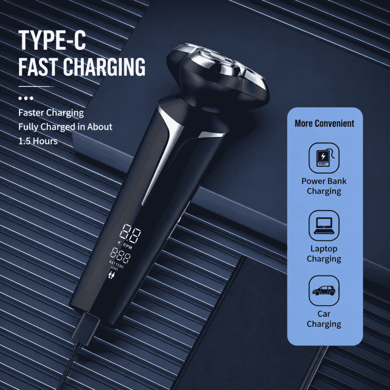 Shaver with magnetic attachment, three blade heads, washable body, digital display, fast charging, magnetic attachment, three blade heads