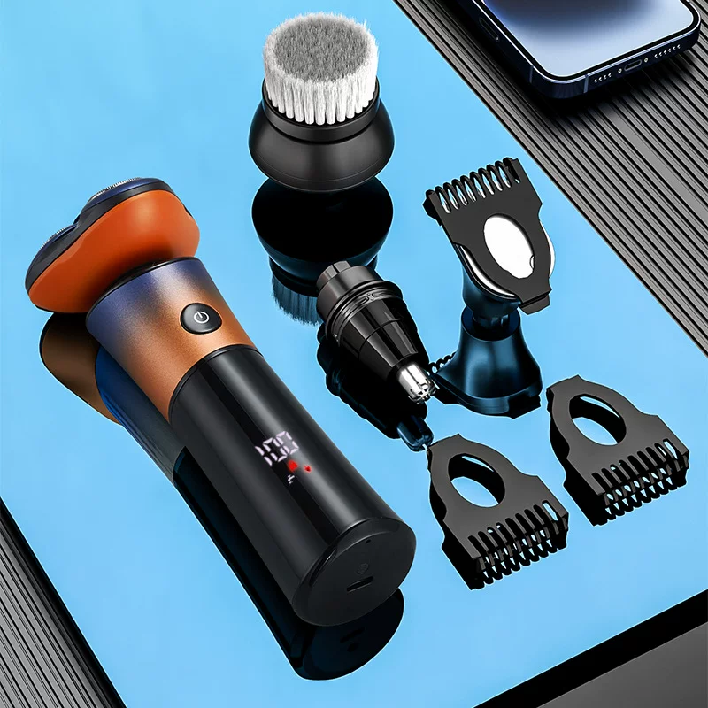 Magnetic three-blade electric shaver, digital display razor, full-body washing set, beard knife, three-in-one dry and wet use
