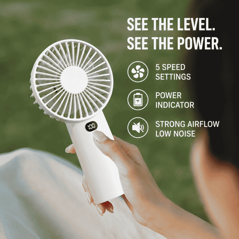 USB handheld small fan, portable desktop model with digital display, rechargeable, long battery life, and strong wind power