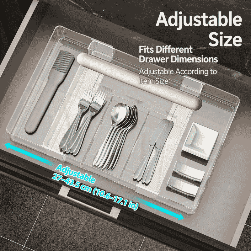 Kitchen drawer organizer, tableware storage tray, detachable tray, compartment organizer, extendable