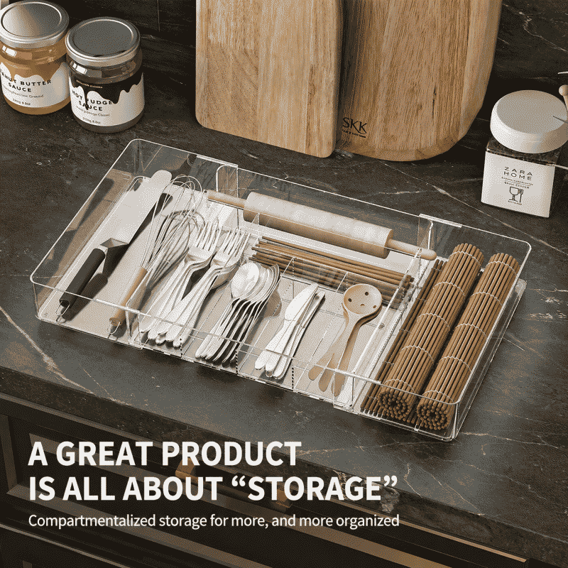 Kitchen drawer organizer, tableware storage tray, detachable tray, compartment organizer, extendable