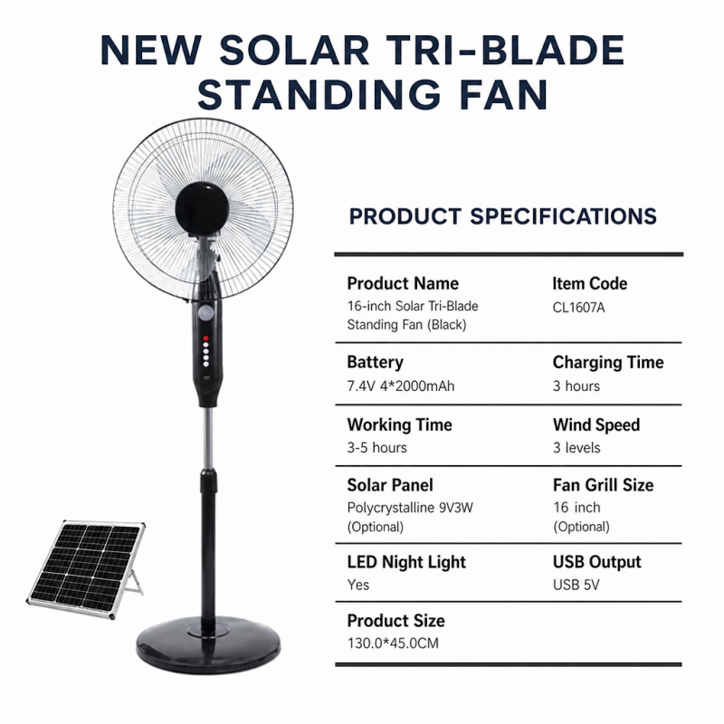 16-inch solar-powered floor-standing fan with lighting, suitable for indoor and outdoor emergency use