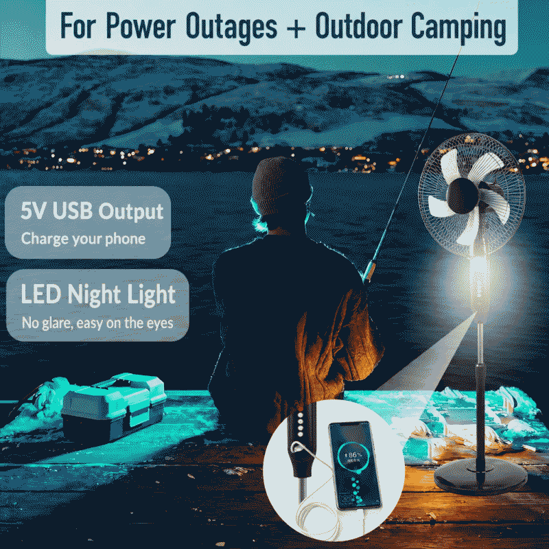 16-inch solar-powered floor-standing fan with lighting, suitable for indoor and outdoor emergency use