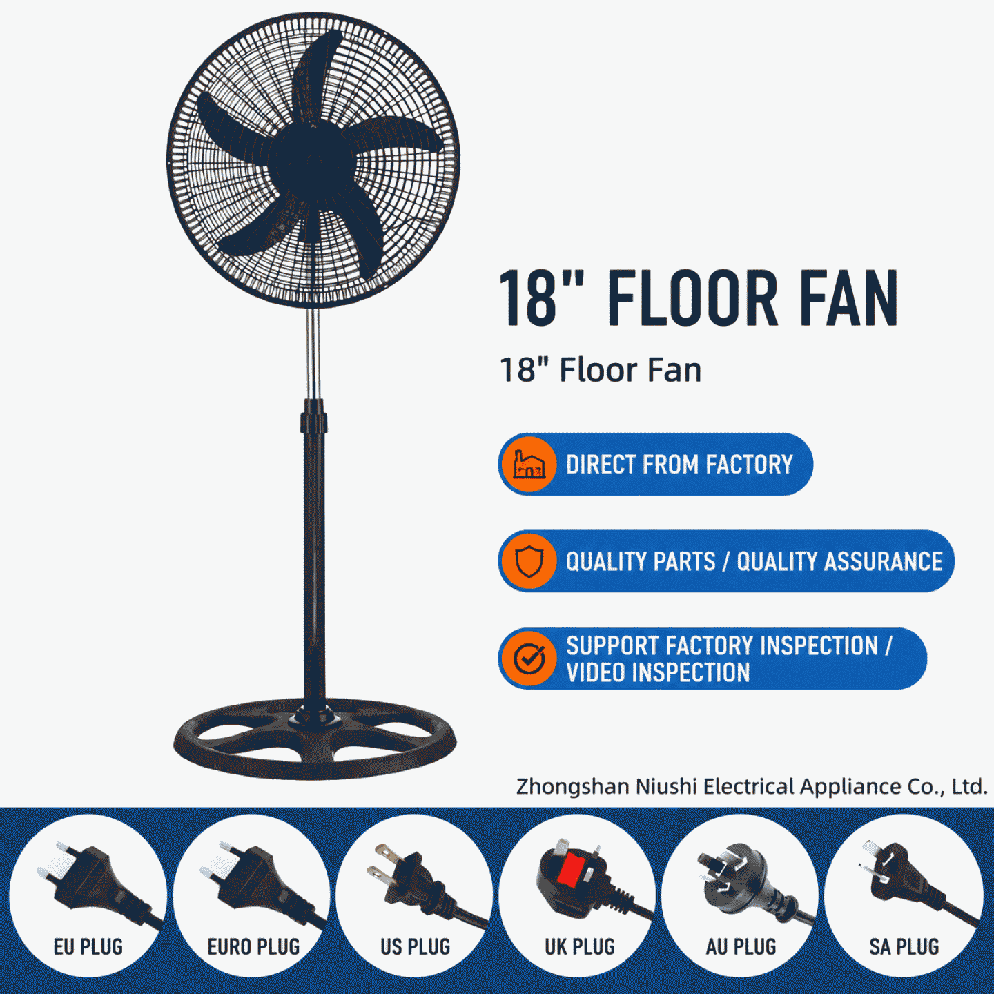 18-inch plastic floor fan with high power