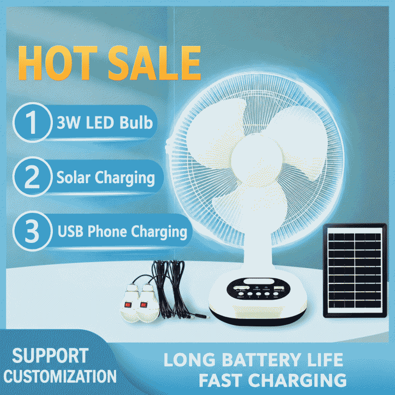 PUREVIEW 12-inch USB solar fan, rechargeable, with a swing head, light, and table fan