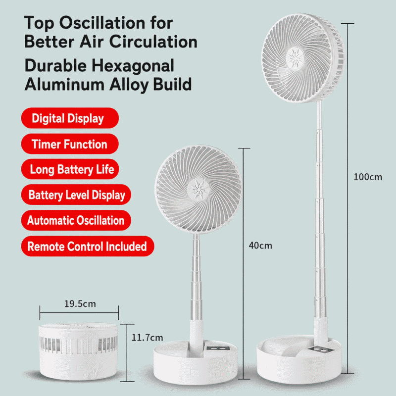 Portable USB charging fan, retractable, foldable, remote-controlled, with adjustable head, suitable for dormitory and outdoor use, as well as desktop use
