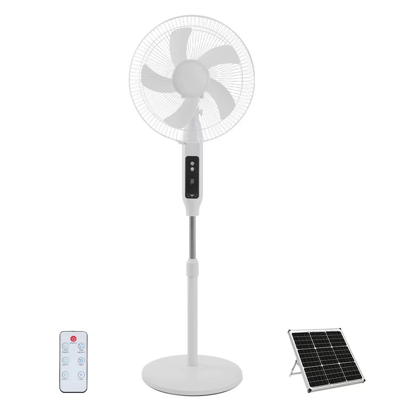 16-inch solar-powered fan with remote control, charging function, floor-standing design, long battery life, and light-emitting charging indicator