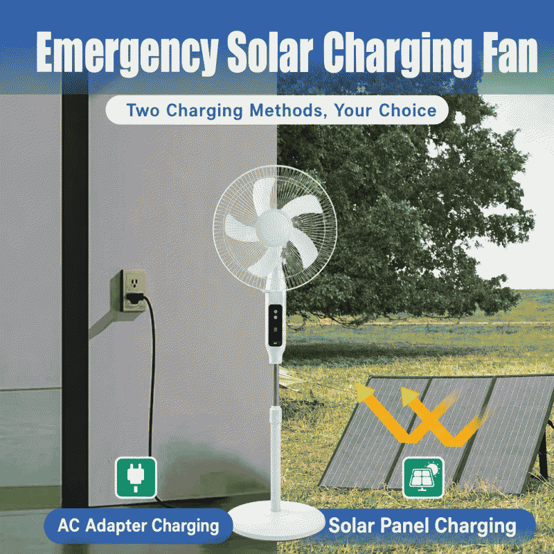 16-inch solar-powered fan with remote control, charging function, floor-standing design, long battery life, and light-emitting charging indicator