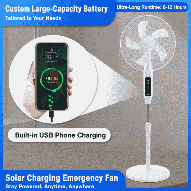 16-inch solar-powered fan with remote control, charging function, floor-standing design, long battery life, and light-emitting charging indicator