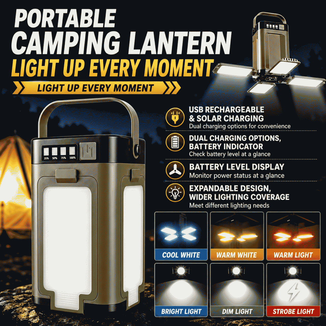 Solar-powered rechargeable four-leaf camping light with dual light sources, 90° foldable, rechargeable outdoor emergency lighting
