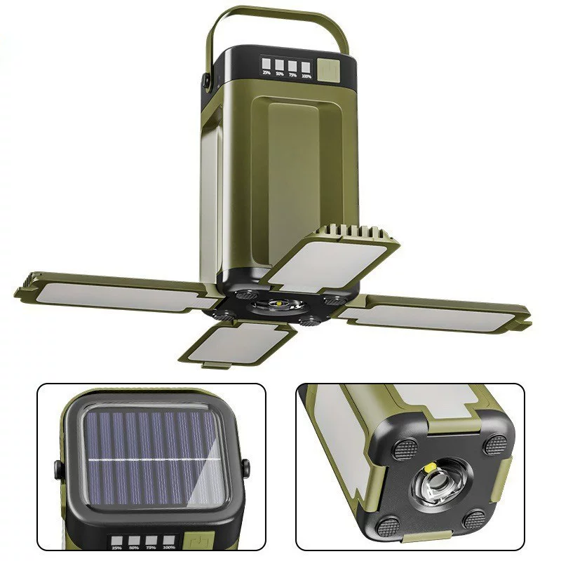 Solar-powered rechargeable four-leaf camping light with dual light sources, 90° foldable, rechargeable outdoor emergency lighting