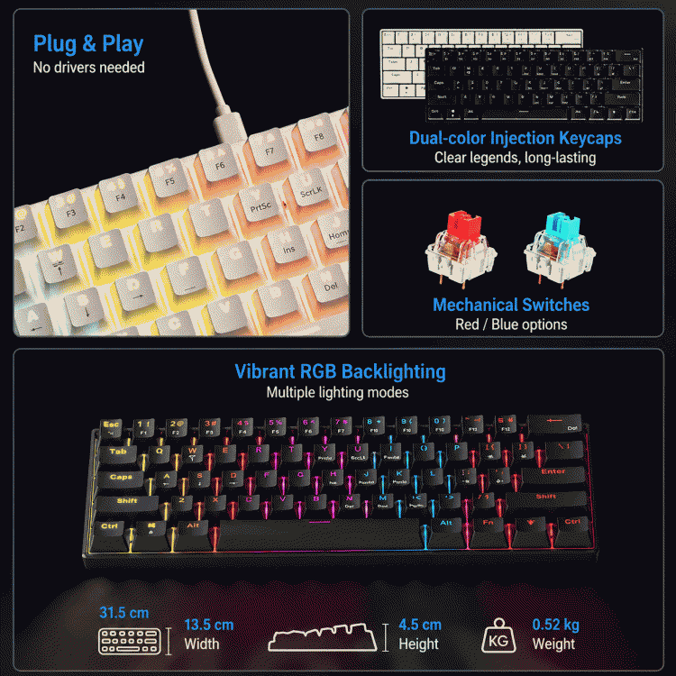The A61K mixed-light mechanical keyboard with a wired ship shell structure is a convenient gaming, e-sports and office computer. It comes with a small keyboard