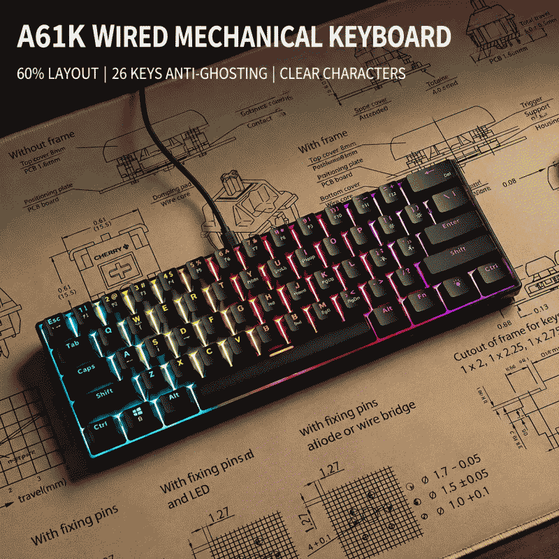 The A61K mixed-light mechanical keyboard with a wired ship shell structure is a convenient gaming, e-sports and office computer. It comes with a small keyboard