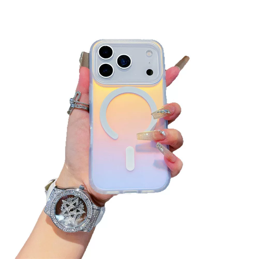 适用苹果18promax镭射渐变手机壳17Pro磁吸壳iPhone17磨砂变色龙