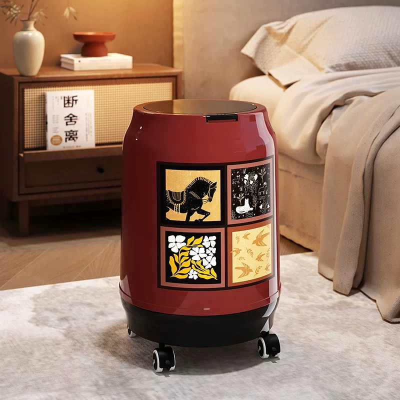 Mid-century style trash can, press-type with lid and wheels, household garbage bin, suitable for dormitory, bedroom, and living room, no need to bend down, storage bin