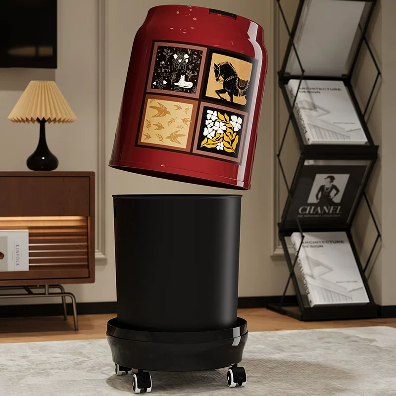 Mid-century style trash can, press-type with lid and wheels, household garbage bin, suitable for dormitory, bedroom, and living room, no need to bend down, storage bin