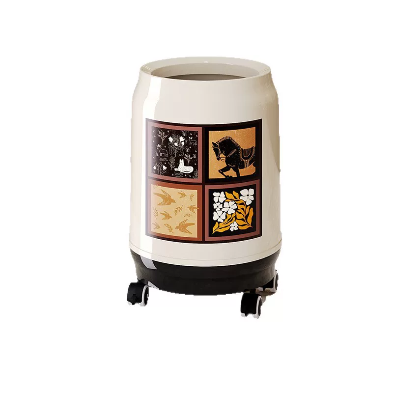 Mid-century style trash can, press-type with lid and wheels, household garbage bin, suitable for dormitory, bedroom, and living room, no need to bend down, storage bin